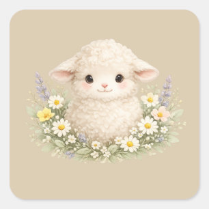 Whimsical Schafe und Wildblumen für einen charmant Quadratischer Aufkleber