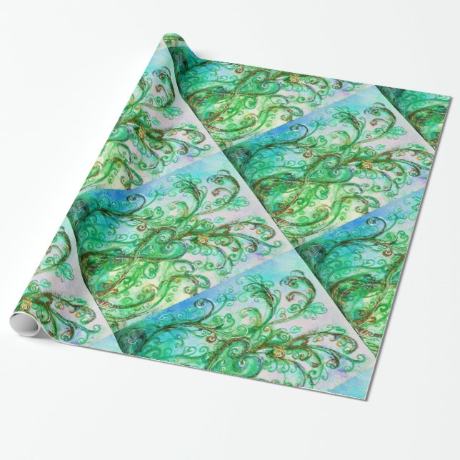 WHIMSICAL SCHNÖRKEL hellgrün blau weiß Geschenkpapier (Ungerollt)