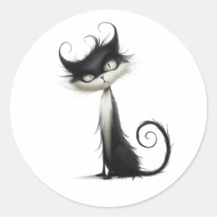 Whimsical Schwarz-weiß Mischous Cat Illustration Runder Aufkleber