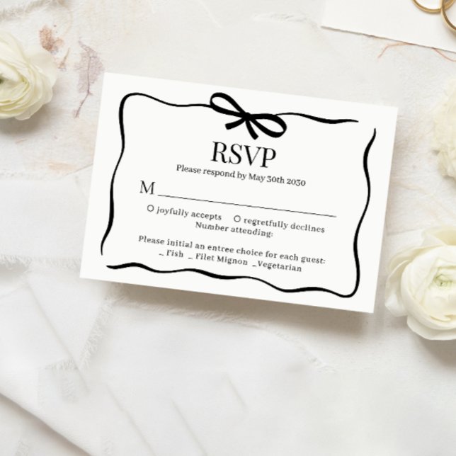 Whimsical schwarze Fliege Hochzeitsmenü Wahl RSVP Karte (Von Creator hochgeladen)