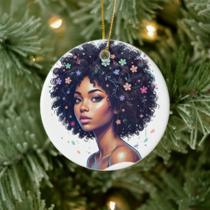 Whimsical Schwarze Frau mit Blumen geschmücktem Af Keramik Ornament