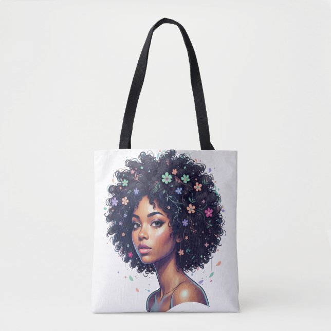 Whimsical Schwarze Frau mit Blumen geschmücktem Af Tasche (Vorderseite)