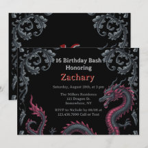 Whimsical Schwarzer Roter Drache Damast Sweet 16 B