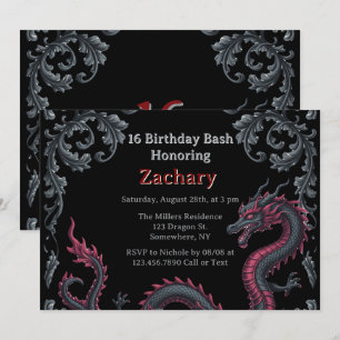 Whimsical Schwarzer Roter Drache Damast Sweet 16 B Einladung