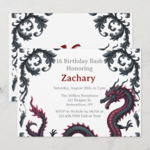Whimsical Schwarzer Roter Drache Damast Sweet 16 B