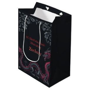 Whimsical Schwarzer Roter Drache Damast Sweet 16 B Mittlere Geschenktüte