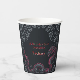 Whimsical Schwarzer Roter Drache Damast Sweet 16 B Pappbecher