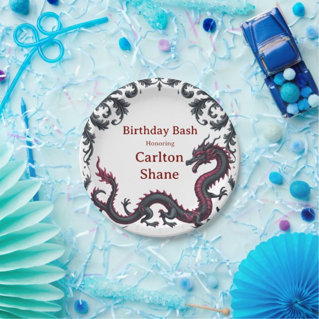 Whimsical Schwarzer Roter Drache Damast Sweet 16 B Pappteller (Party)
