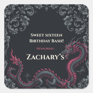 Whimsical Schwarzer Roter Drache Damast Sweet 16 B Quadratischer Aufkleber