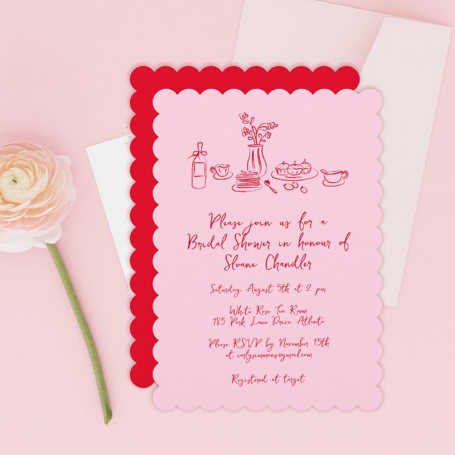 Whimsical Scribble Doodle Hand Drawing Brautparty Einladung (pink hand-drawn food and drinks bridal shower invitation)
