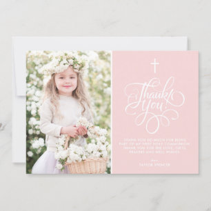 Whimsical Script Blush Pink Erste Heilige Kommune Dankeskarte