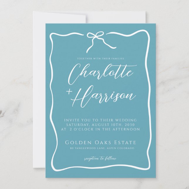 Whimsical Script Border Blue Ribbon Wedding Einladung (Vorderseite)