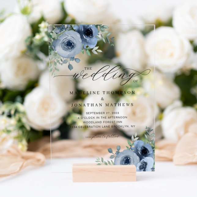Whimsical Script floral Dusty Blue Wedding Acryleinladungen (Von Creator hochgeladen)
