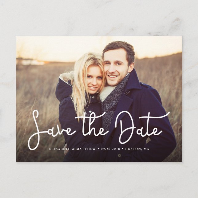 Whimsical Script Foto Wedding Save the Date Ankündigungspostkarte (Vorderseite)