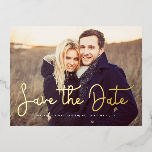 Whimsical Script Foto Wedding Save the Date Folie Einladungspostkarte (Vorderseite)