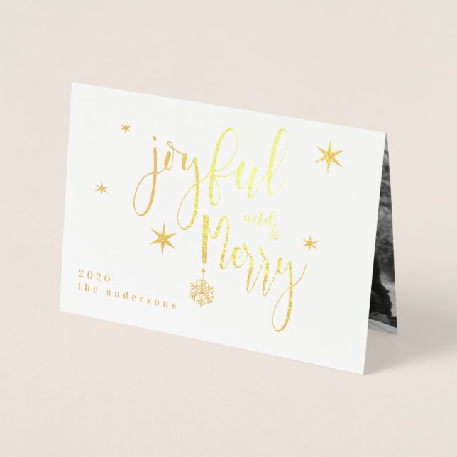 Whimsical Script Joyful and Merry Foto Foil Card Folienkarte (Vorderseite)
