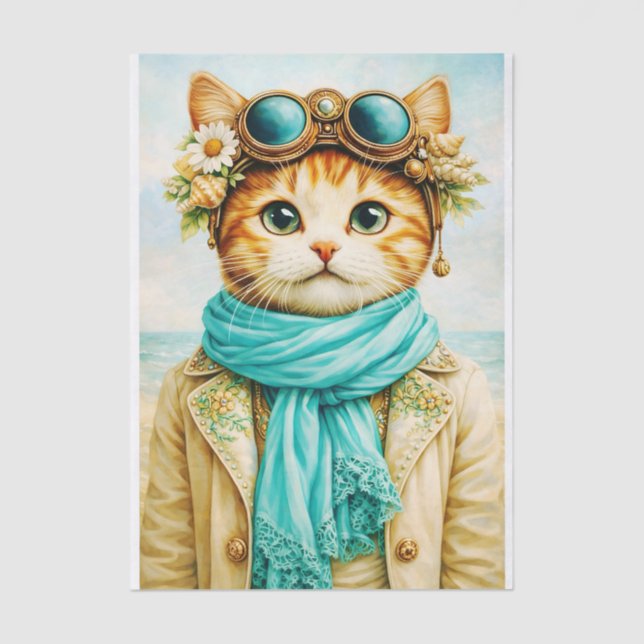  Whimsical Seaside Steampunk Cat FE8 Decoupage Seidenpapier (Vorderseite)