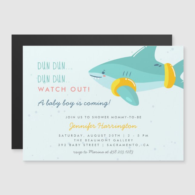 Whimsical Shark Cartoon Summer Boy Baby Dusche Magneteinladung (Vorne/Hinten)