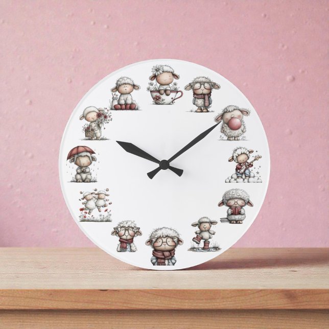 Whimsical Sheep Farm Animal Große Wanduhr (Von Creator hochgeladen)