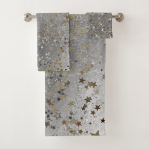 Whimsical Shimmering Gold Silver Stars auf Silber Badhandtuch Set