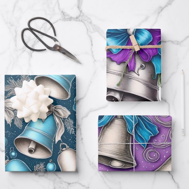 Whimsical Silver Bells Weihnachten Geschenkpapier Set (Vorderseite)