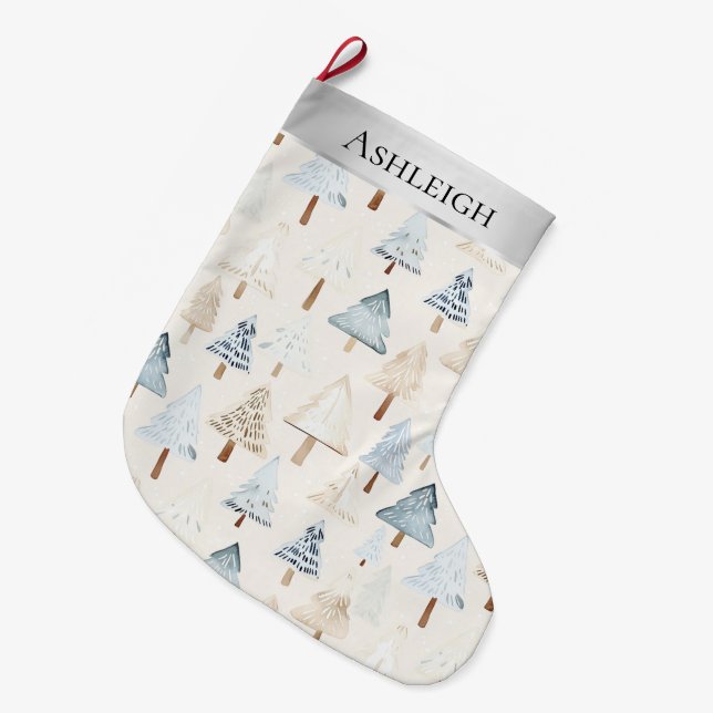 Whimsical Silver Blue Cream Weihnachtsbaumen Großer Weihnachtsstrumpf (Vorderansicht (hängend))