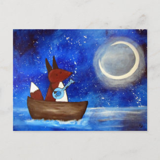 Whimsical Singfox Art Boat Blue Kids Niedlich Postkarte