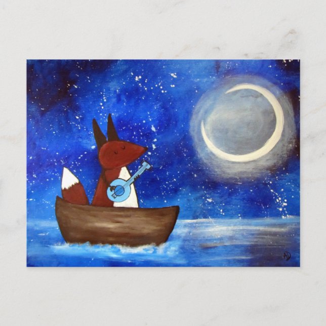 Whimsical Singfox Art Boat Blue Kids Niedlich Postkarte (Vorderseite)