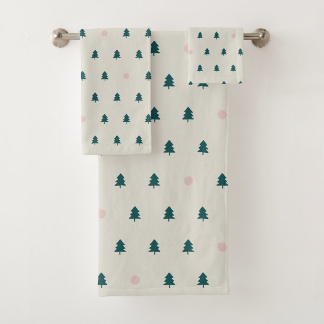 Whimsical skandinavische Weihnachtsbaumen Grün ros Badhandtuch Set (Insitu)