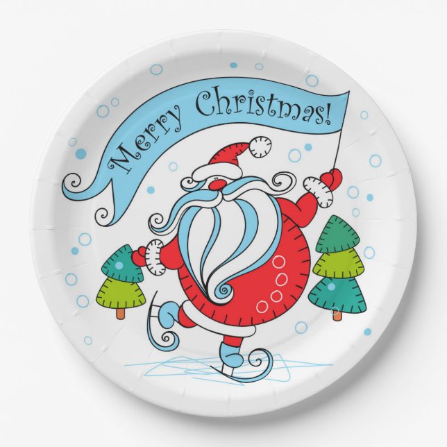 Whimsical Skaten Santa Claus | Frohe Weihnachten Pappteller (Vorderseite)