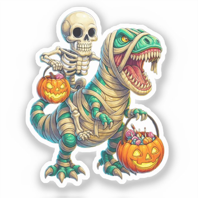 Whimsical Skeleton Riding Mummy T-Rex Halloween Aufkleber (Vorderseite)
