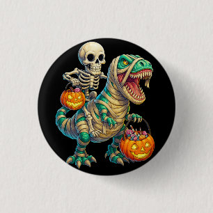 Whimsical Skeleton Riding Mummy T-Rex Halloween Button