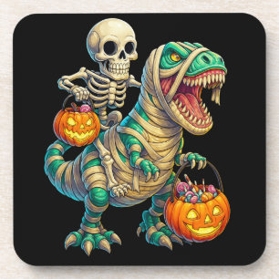 Whimsical Skeleton Riding Mummy T-Rex Halloween Getränkeuntersetzer