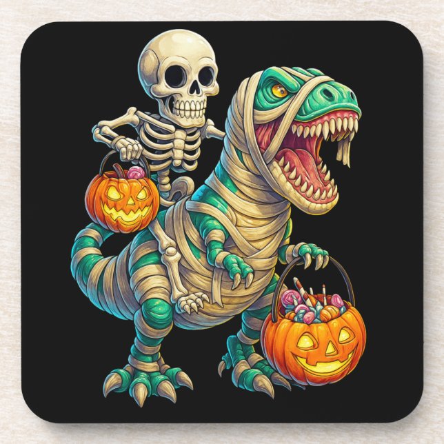 Whimsical Skeleton Riding Mummy T-Rex Halloween Getränkeuntersetzer (Vorderseite)