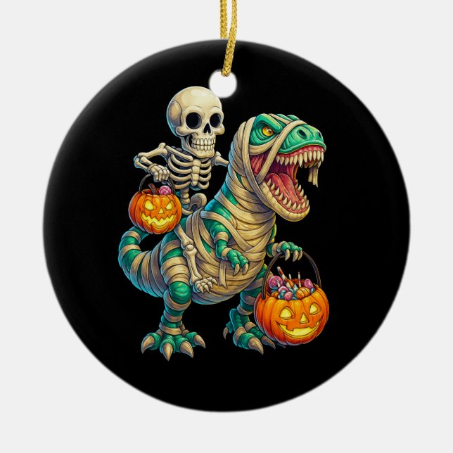 Whimsical Skeleton Riding Mummy T-Rex Halloween Keramik Ornament (Vorne)
