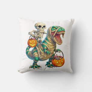 Whimsical Skeleton Riding Mummy T-Rex Halloween Kissen