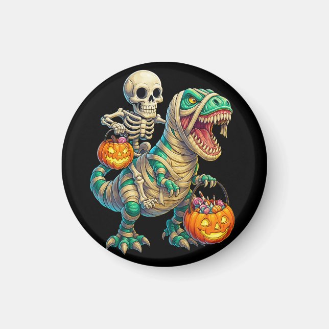 Whimsical Skeleton Riding Mummy T-Rex Halloween Magnet (Vorne)
