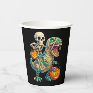 Whimsical Skeleton Riding Mummy T-Rex Halloween Pappbecher