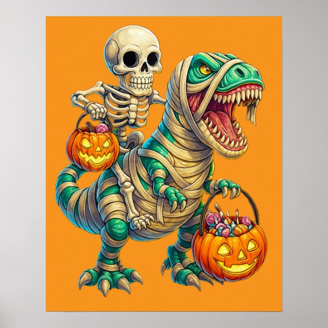 Whimsical Skeleton Riding Mummy T-Rex Halloween Poster (Vorne)