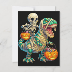 Whimsical Skeleton Riding Mummy T-Rex Halloween Postkarte