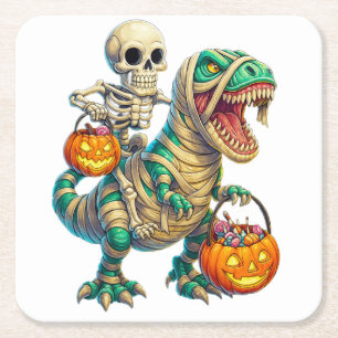 Whimsical Skeleton Riding Mummy T-Rex Halloween Rechteckiger Pappuntersetzer