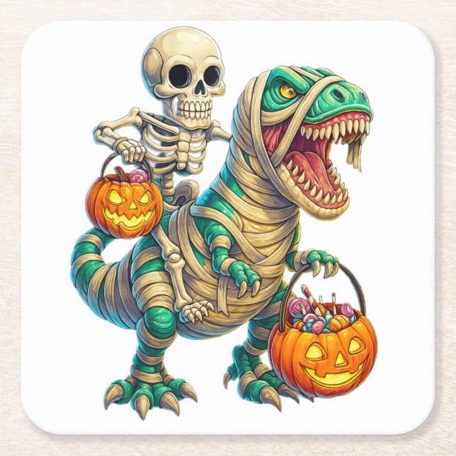 Whimsical Skeleton Riding Mummy T-Rex Halloween Rechteckiger Pappuntersetzer (Vorderseite)