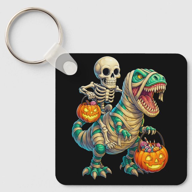 Whimsical Skeleton Riding Mummy T-Rex Halloween Schlüsselanhänger (Vorderseite)