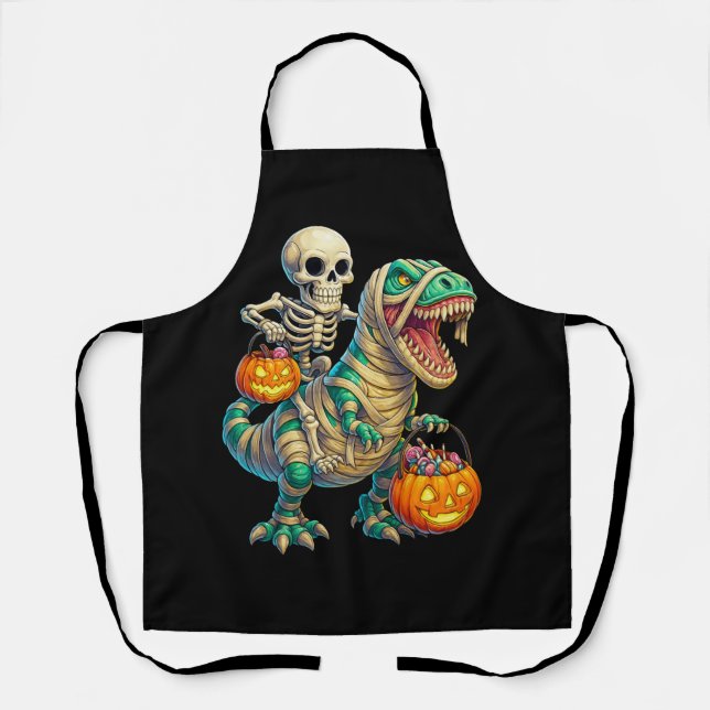 Whimsical Skeleton Riding Mummy T-Rex Halloween Schürze (Vorderseite)
