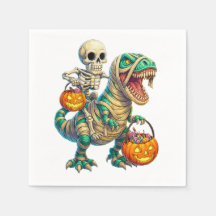 Whimsical Skeleton Riding Mummy T-Rex Halloween