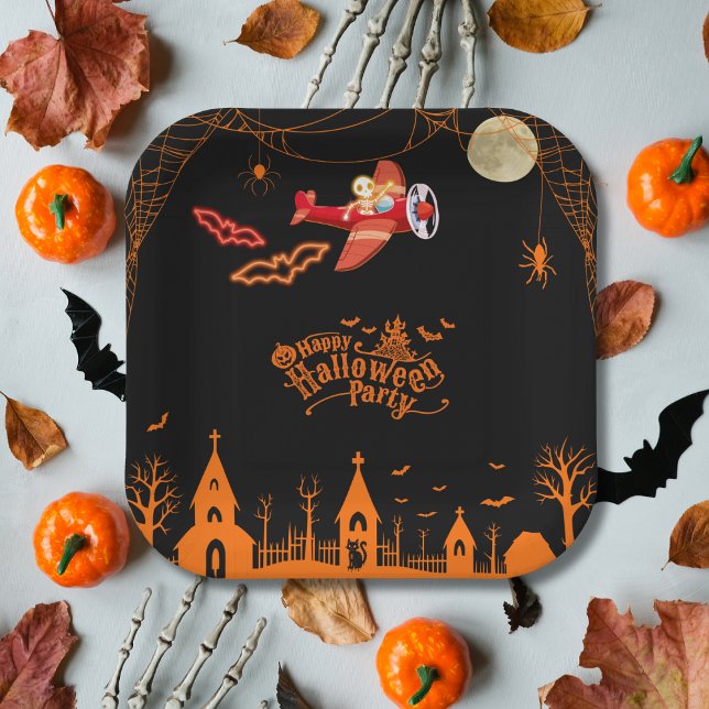 Whimsical Skelett Flying Airplane Halloween-Party Pappteller (plate)