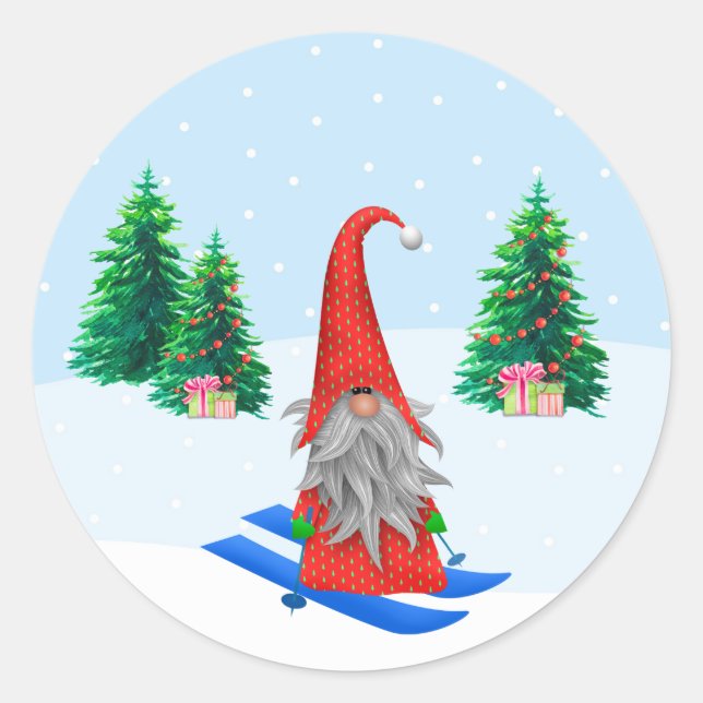 Whimsical Ski Weihnachten Gnome Szene Runder Aufkleber (Vorderseite)