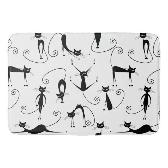 Whimsical Skinny Black Cat Muster Badematte (Vorderseite)