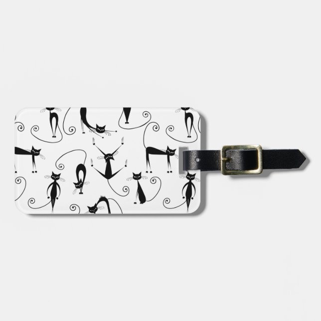 Whimsical Skinny Black Cat Muster Gepäckanhänger (Vorderseite horizontal)