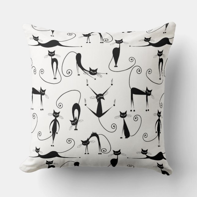 Whimsical Skinny Black Cat Muster Kissen (Vorderseite)